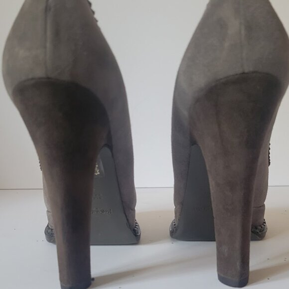 Yves Saint Laurent Gray Suede Round Toe High Heels Platform YSL Pumps - Picture 11 of 14